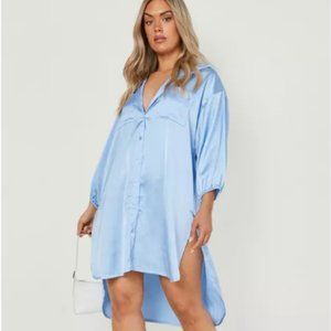 Plus Size Satin Blue Shirt Dress